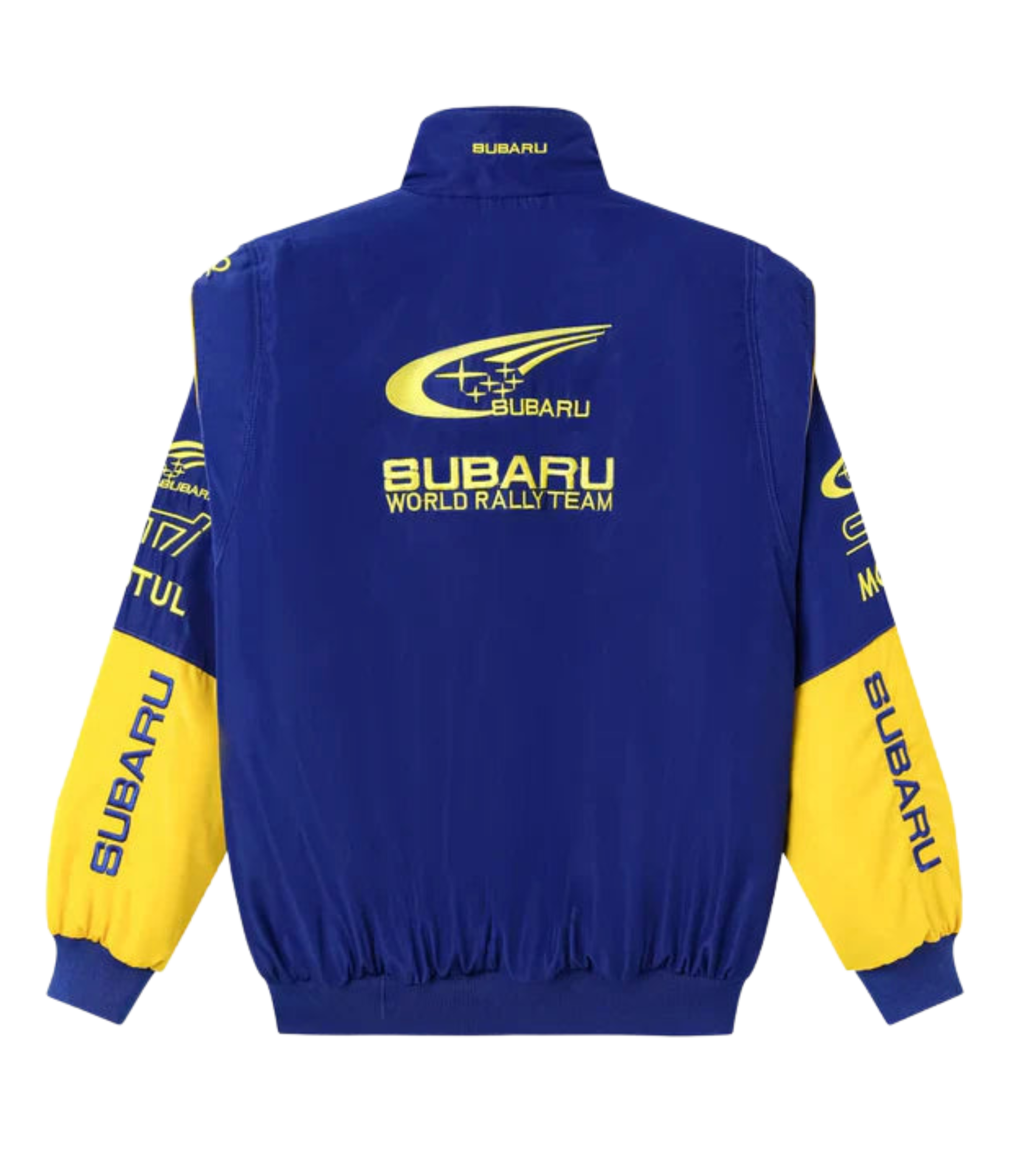 Blue and yellow Subaru World Rally Team jacket