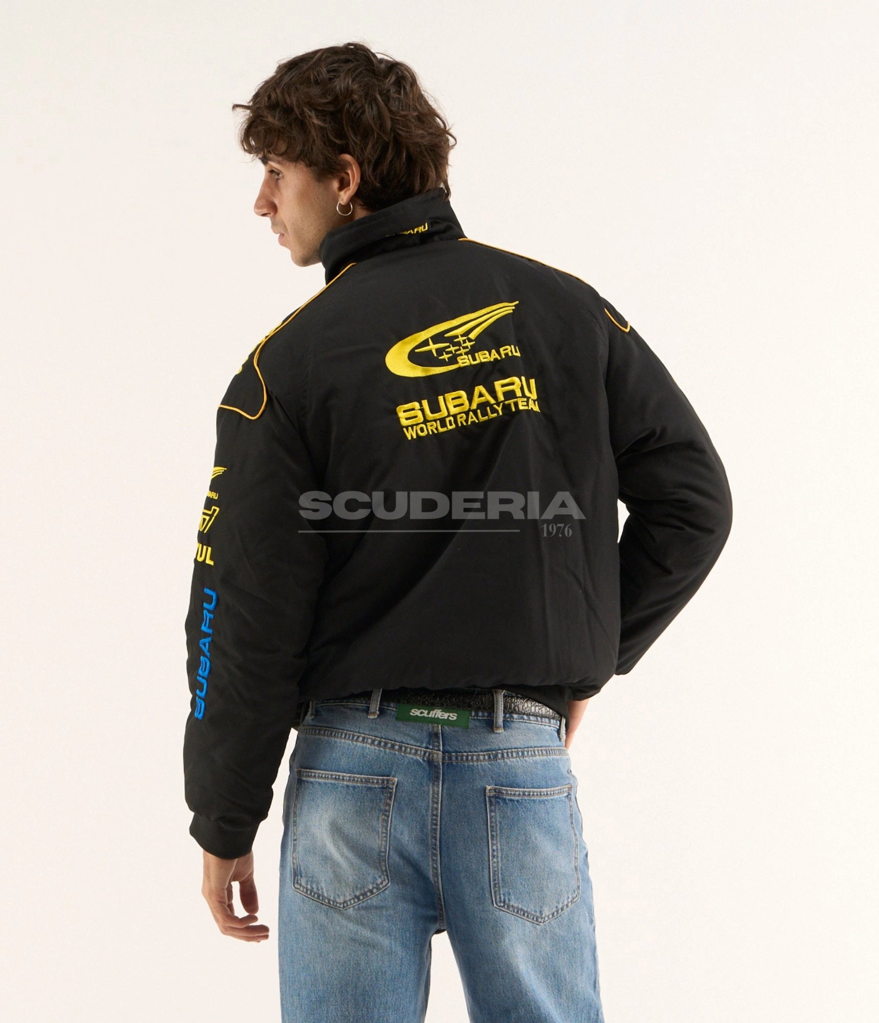 Subaru World Rally Team Vintage Racing Jacket Black Back View Men Yellow Logo WRC Embroidered