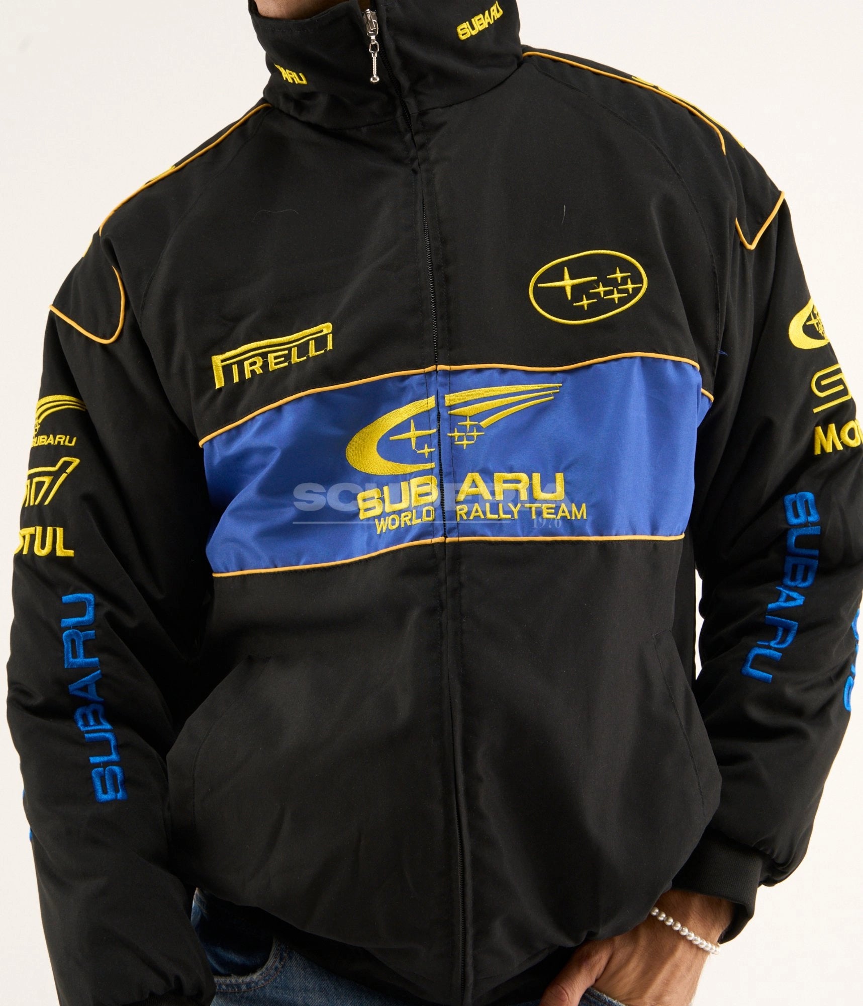 Subaru World Rally Team Vintage Racing Jacket Black Blue Yellow Close Up Men Motul Pirelli Patches