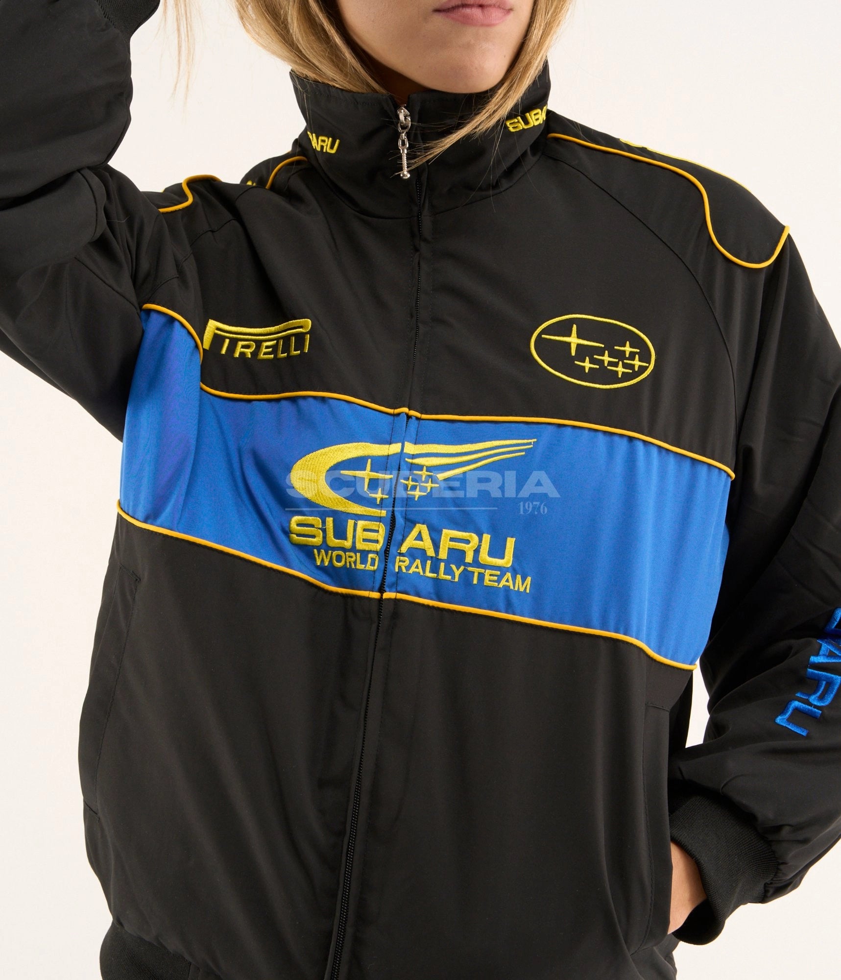 Subaru World Rally Team Vintage Racing Jacket Black Blue Front Detail Women Pirelli Embroidered