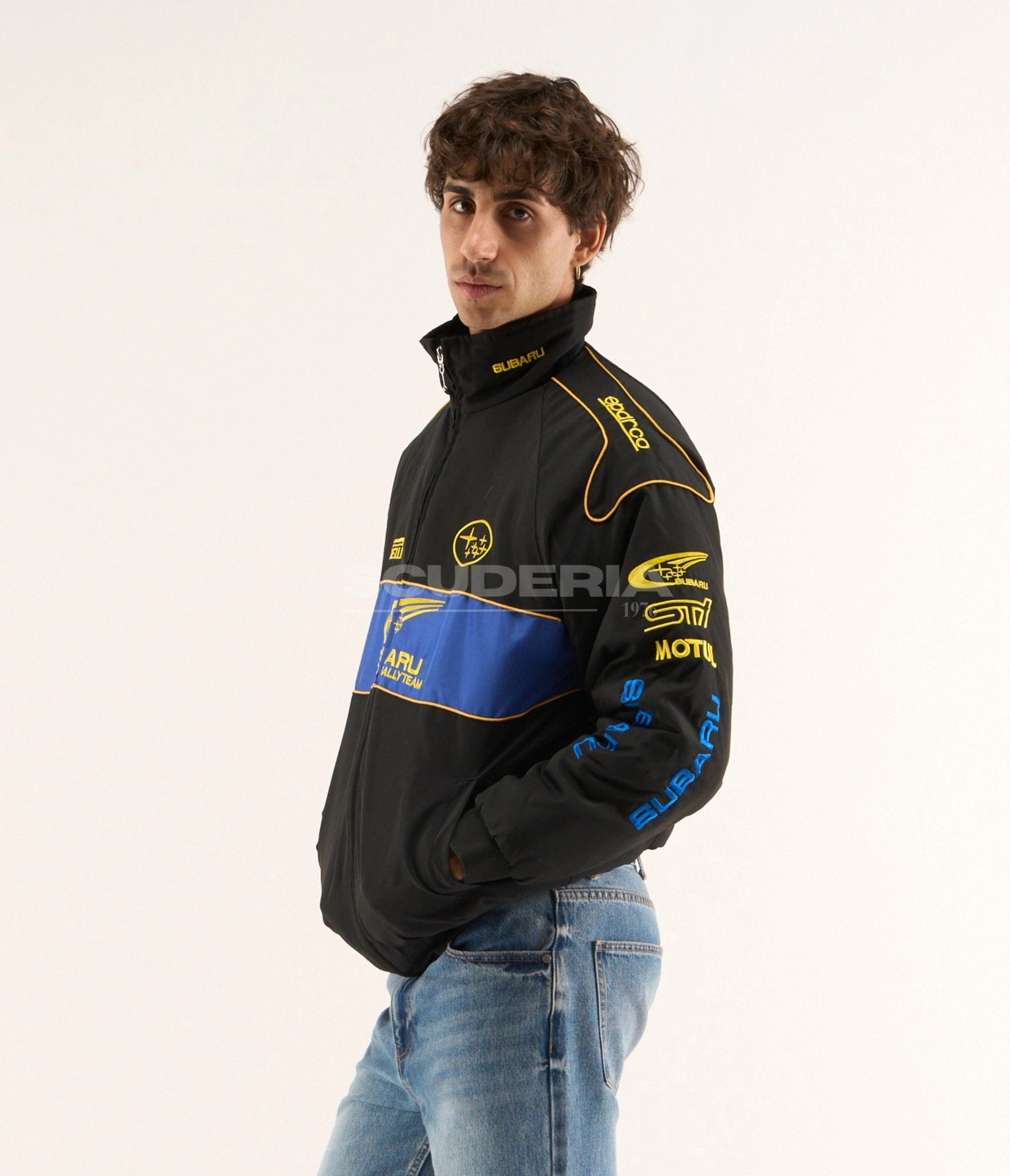 Subaru World Rally Team Vintage Racing Jacket Black Blue Yellow Side View Men Pirelli WRC