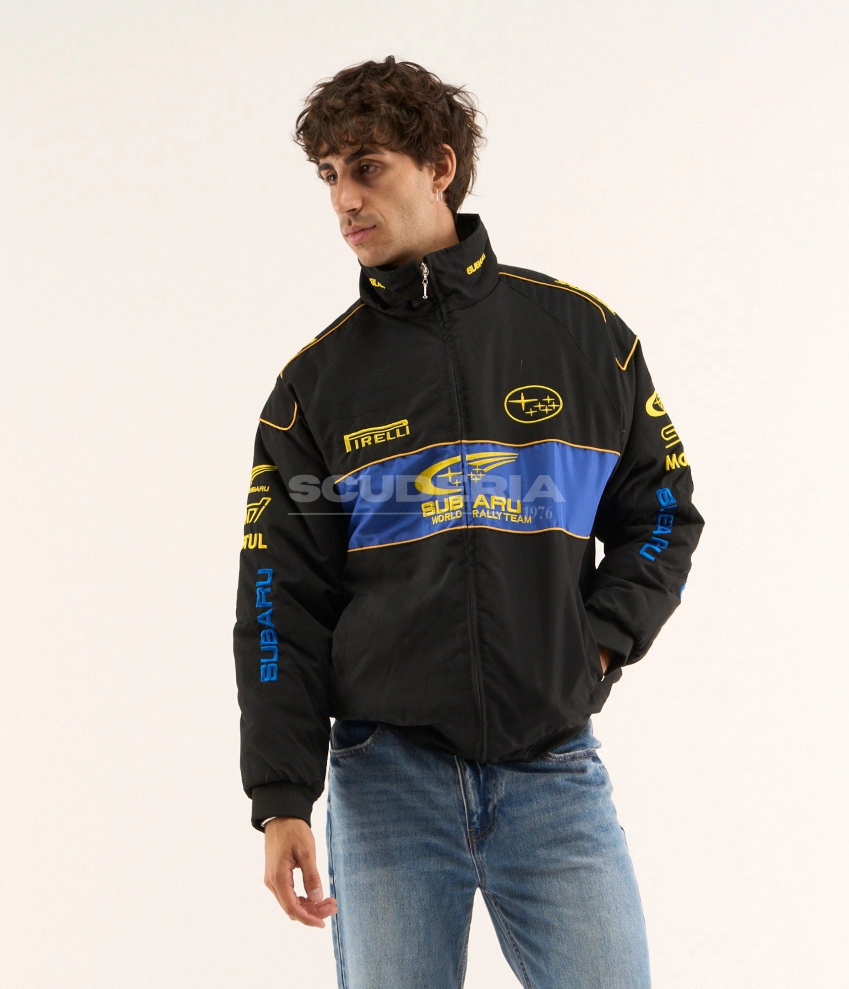 Subaru World Rally Team Vintage Racing Jacket Black Blue Yellow Front View Men Pirelli WRC