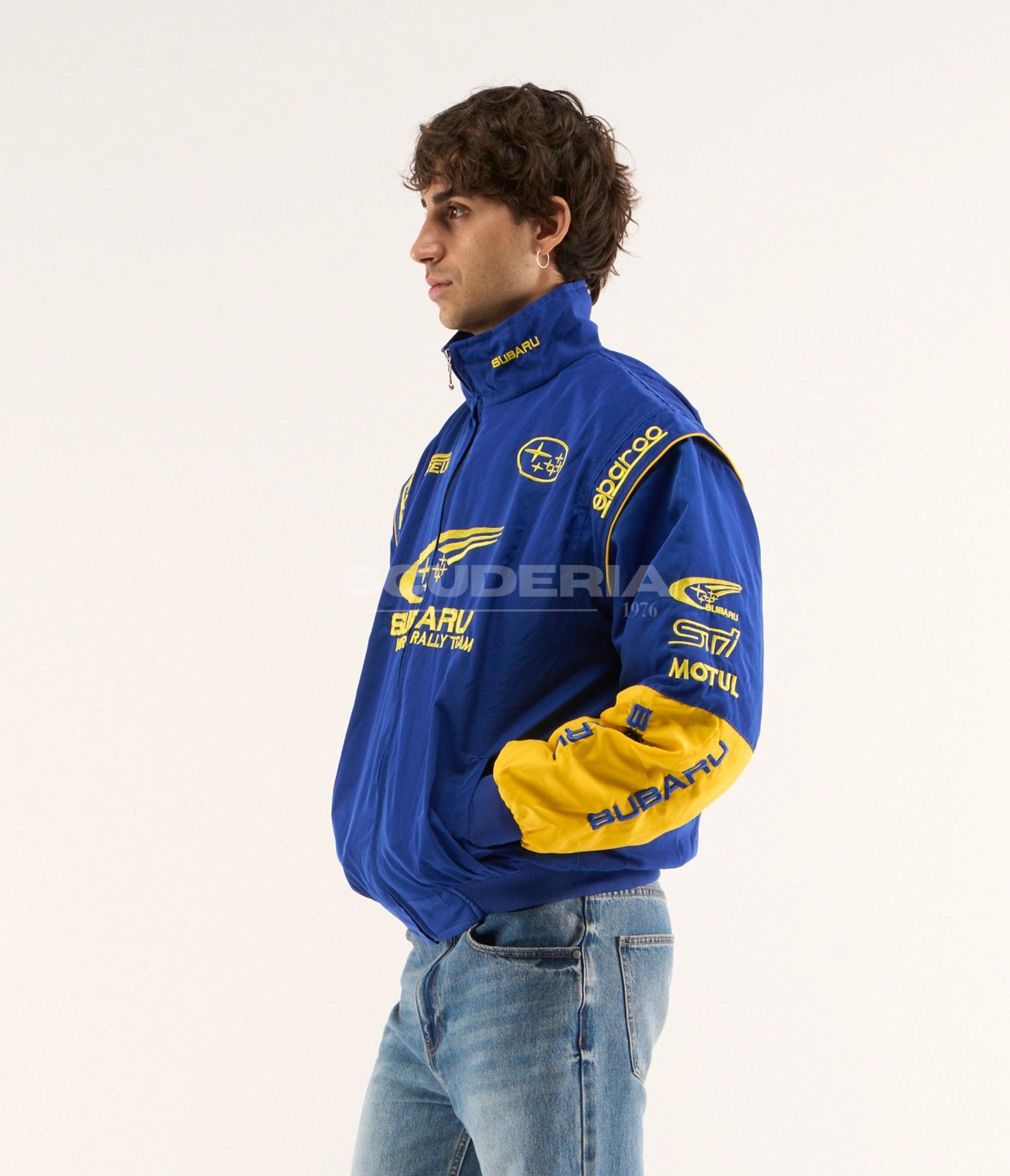 Subaru World Rally Team Vintage Racing Jacket Blue Yellow Side View Men STI Motul Sparco WRC