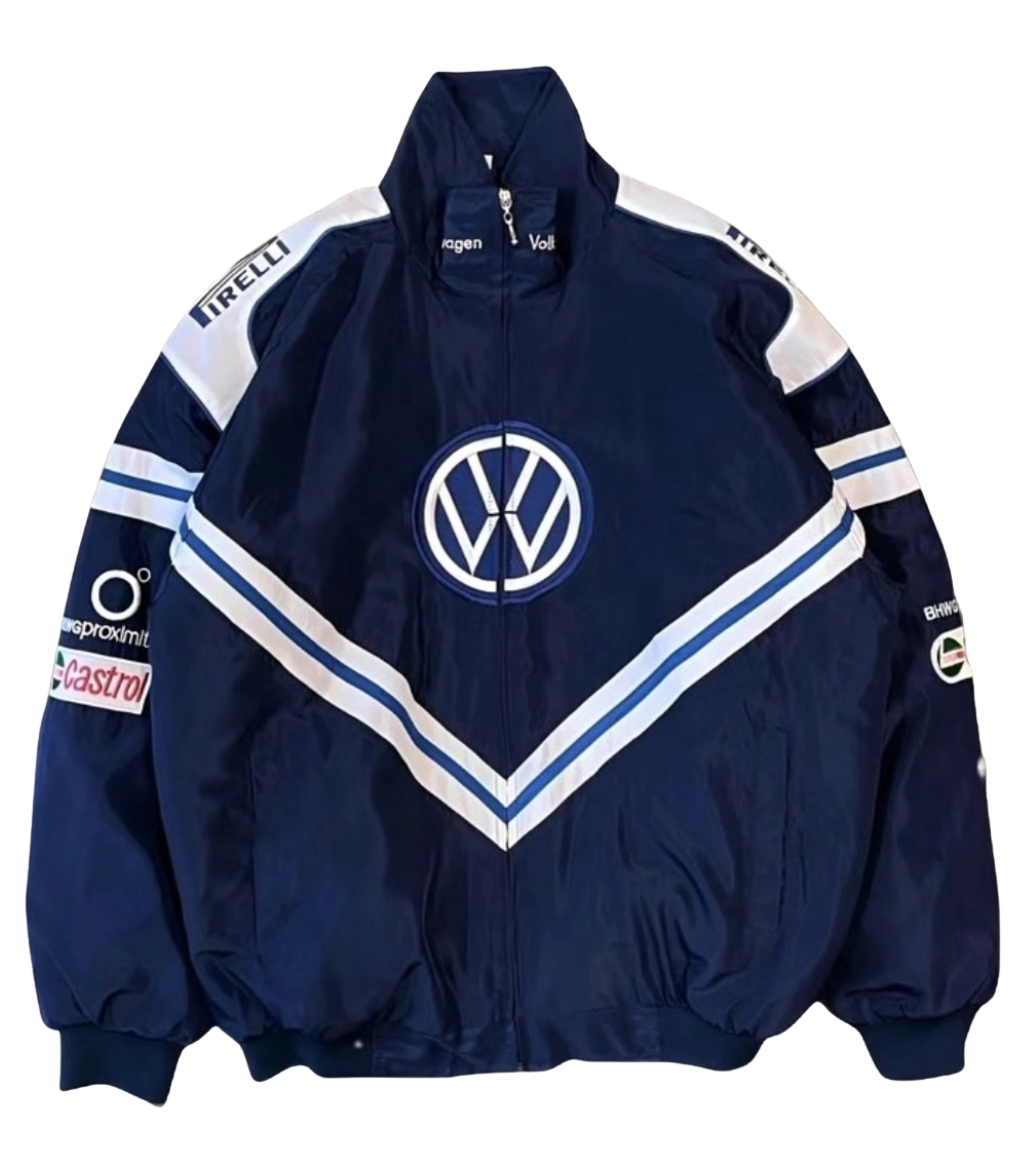 Volkswagen blue vintage racing bomber jacket with full embroidery and padded comfort, designed by Scuderia 1976 for true motorsport enthusiasts.