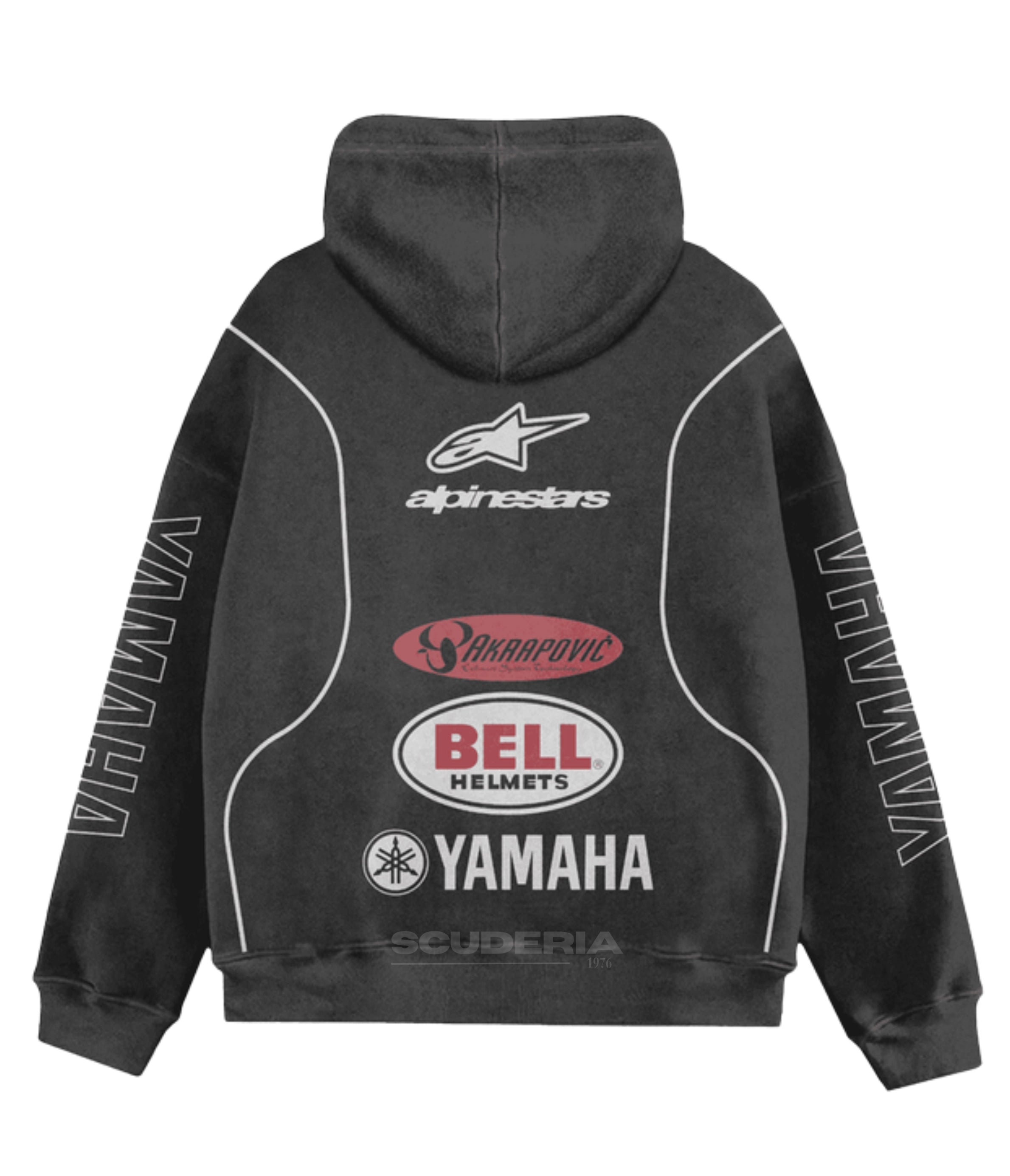Yamaha x Alpinestars Racing Hoodie black washed back view men – retro racing sweatshirt with Alpinestars, Akrapovic, Bell Helmets and Yamaha sponsor logos, washed black oversized MotoGP hoodie