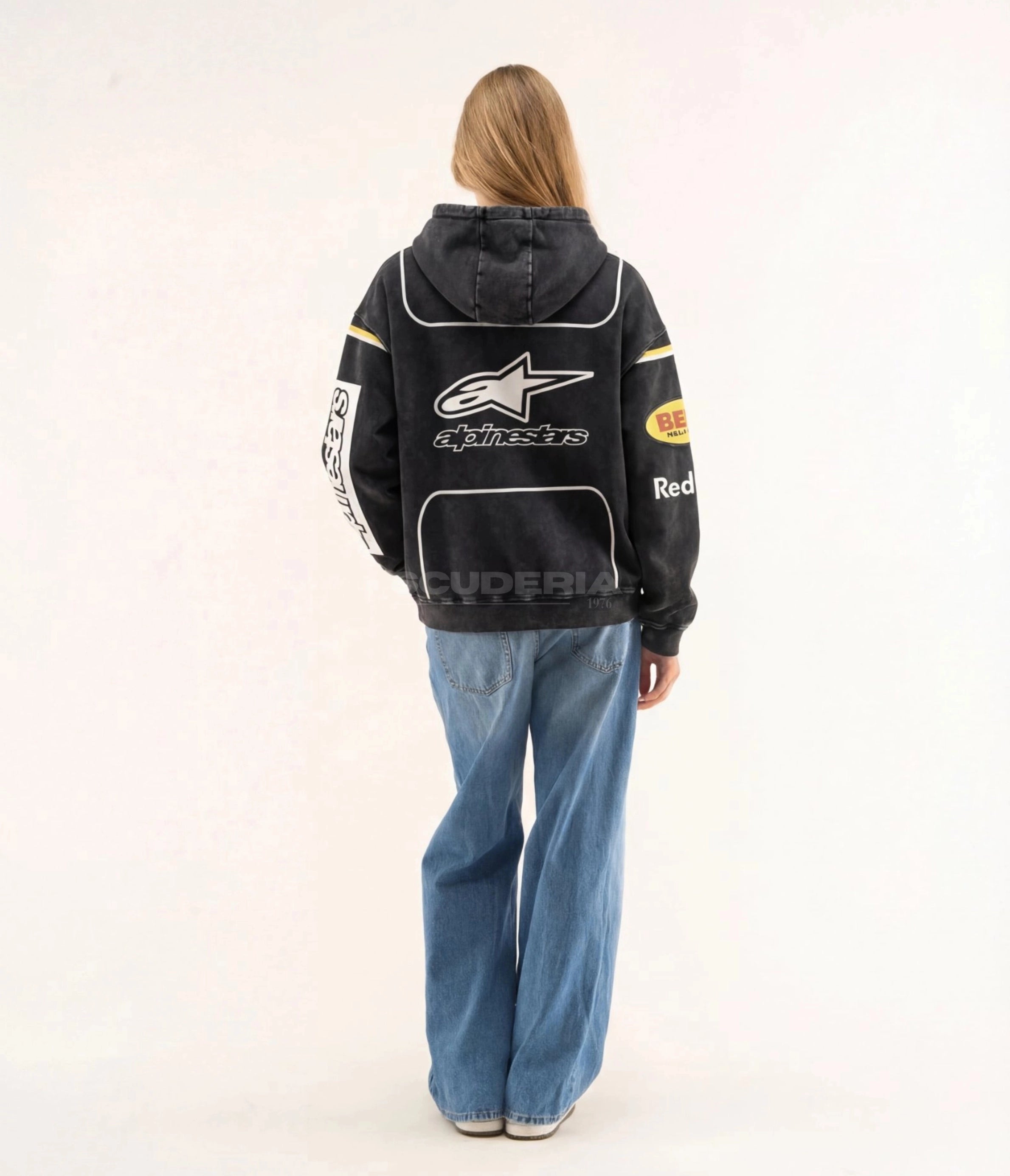Yamaha Alpinestars Racing Hoodie black back view women – vintage oversized motorsport sweatshirt with Alpinestars, Akrapovic, Bell Helmets and Yamaha logos on back, Yamaha sleeve lettering, white piping detail